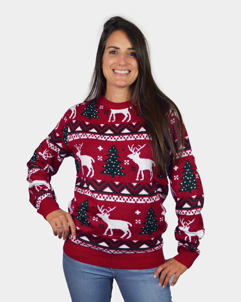 Red Christmas Jumper with Reindeers and Christmas Trees WOmens