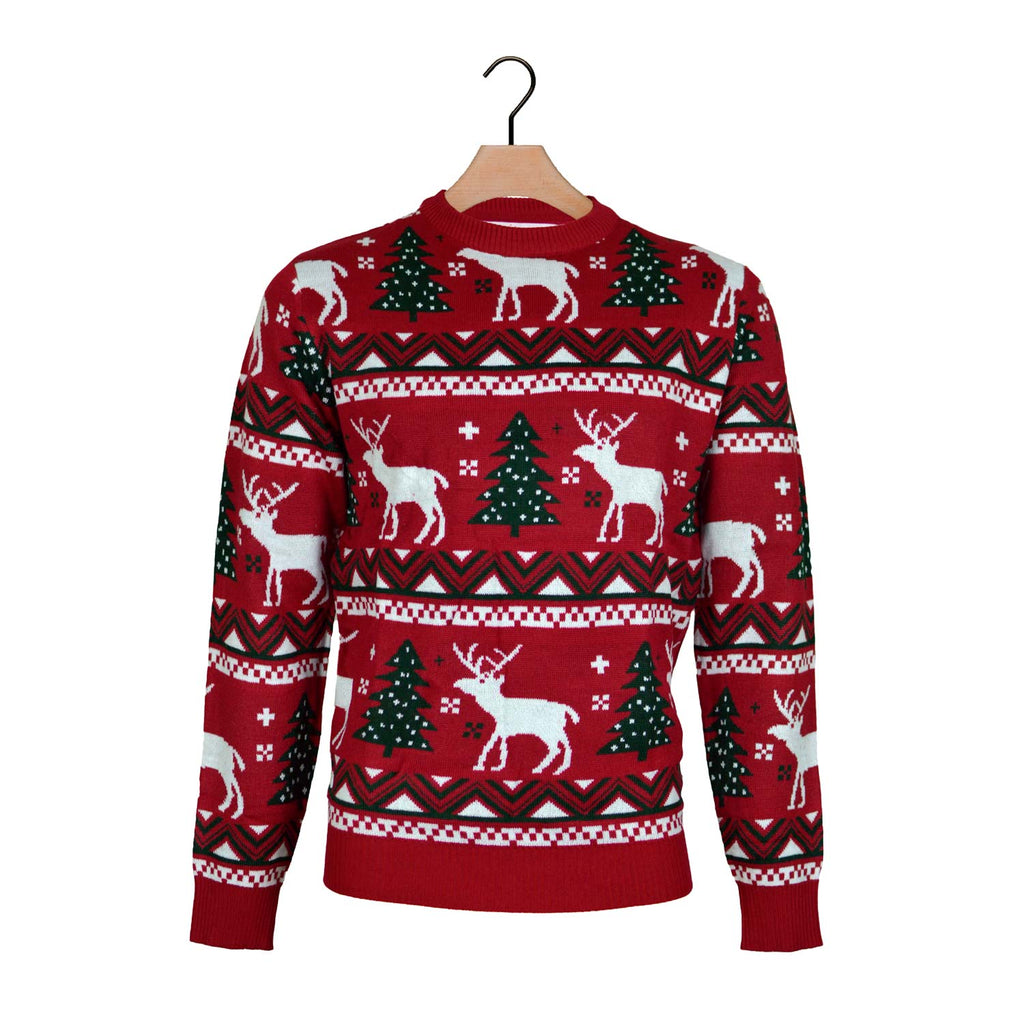 Red Christmas Jumper with Reindeers and Christmas Trees