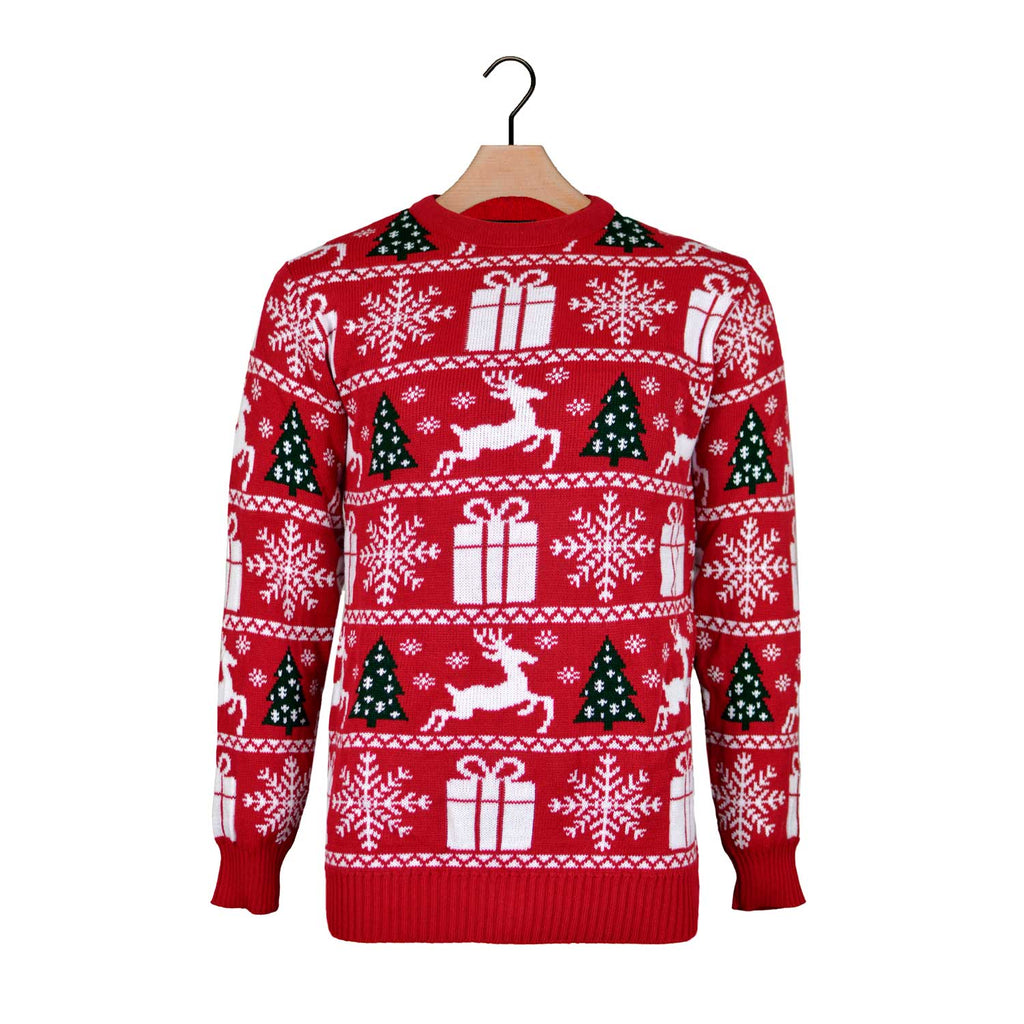 Red Christmas Jumper with Reindeers, Trees and Gifts