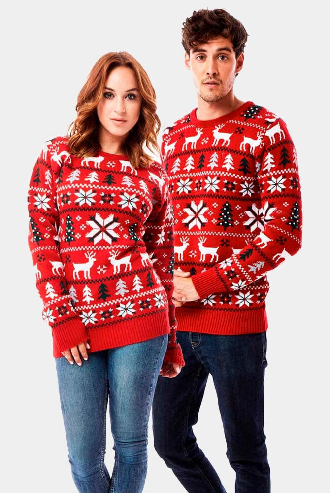 Couples Red Christmas Jumper with Reindeers, Trees and Polar Star 2021