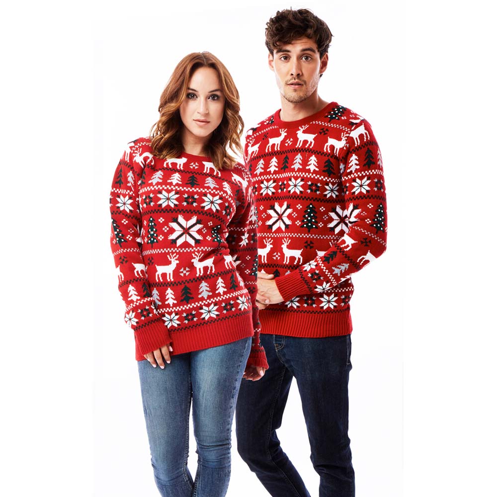 Couples Red Christmas Jumper with Reindeers, Trees and Polar Star 2021