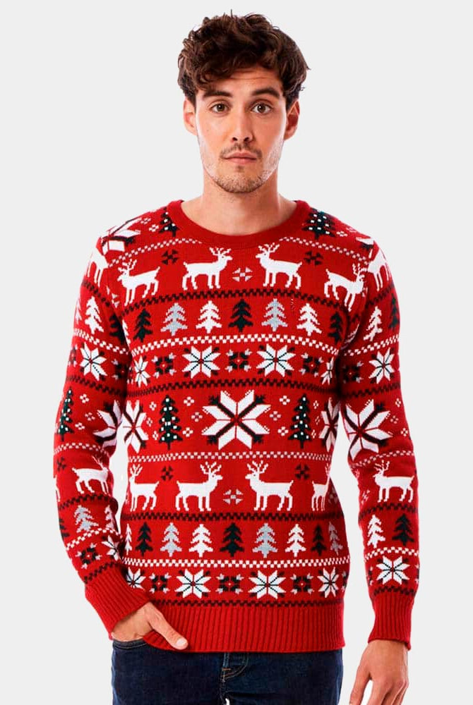 Mens Red Christmas Jumper with Reindeers, Trees and Polar Star 2021