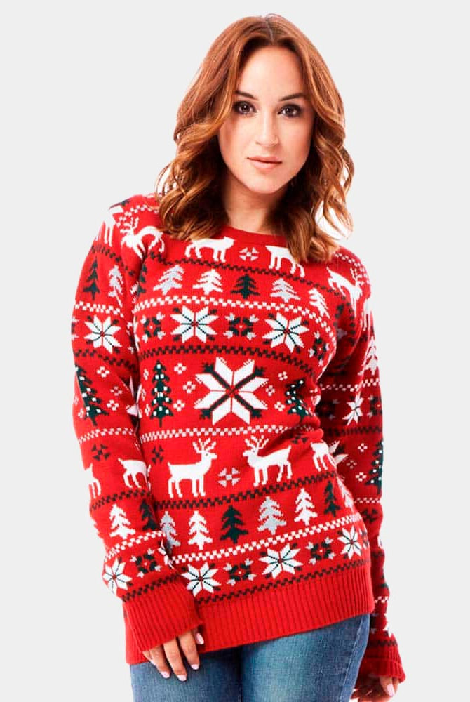 Womens Red Christmas Jumper with Reindeers, Trees and Polar Star 2021