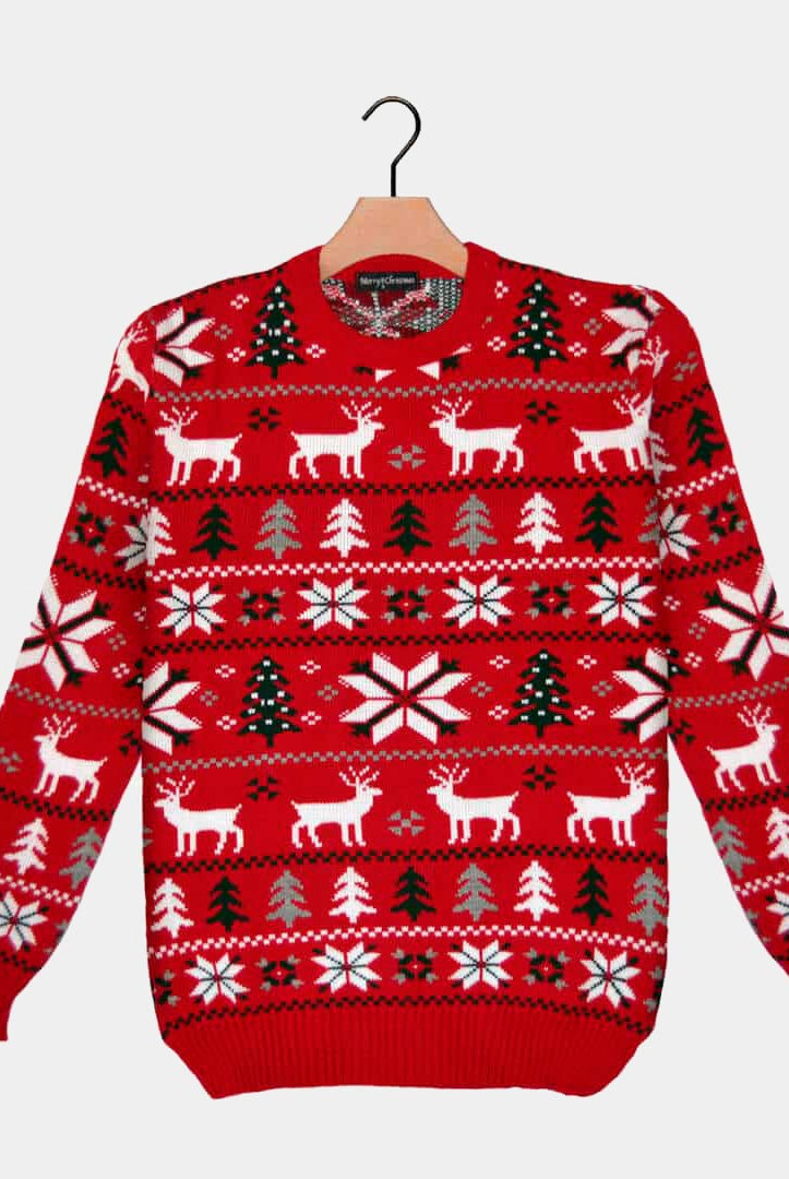Red Christmas Jumper with Reindeers, Trees and Polar Star 2021