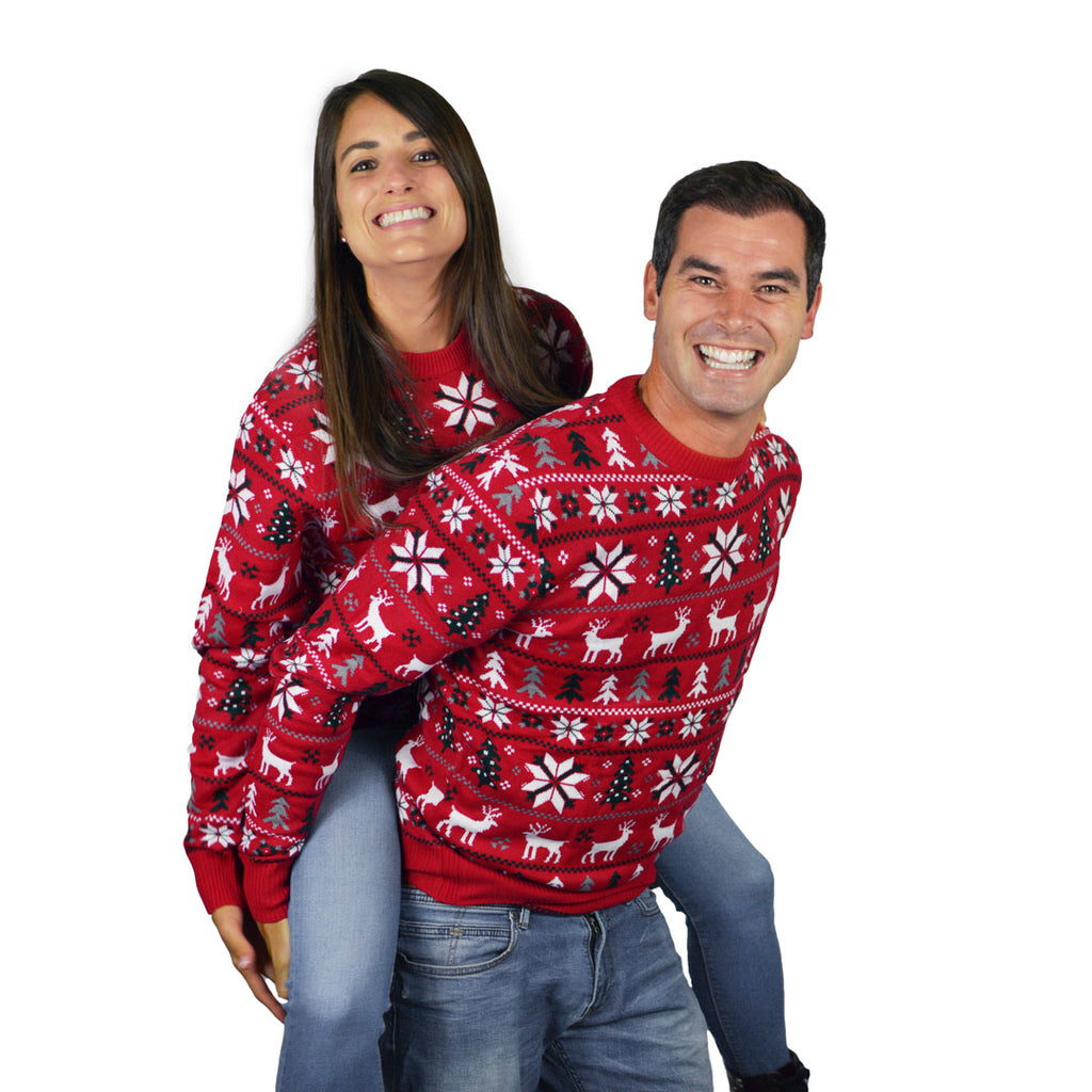 Red Christmas Jumper with Reindeers, Trees and Polar Star Couple