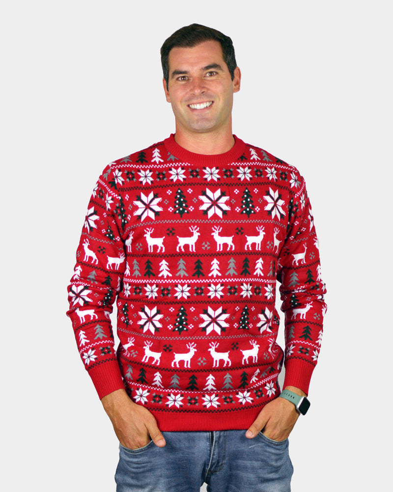 Red Christmas Jumper with Reindeers, Trees and Polar Star Mens