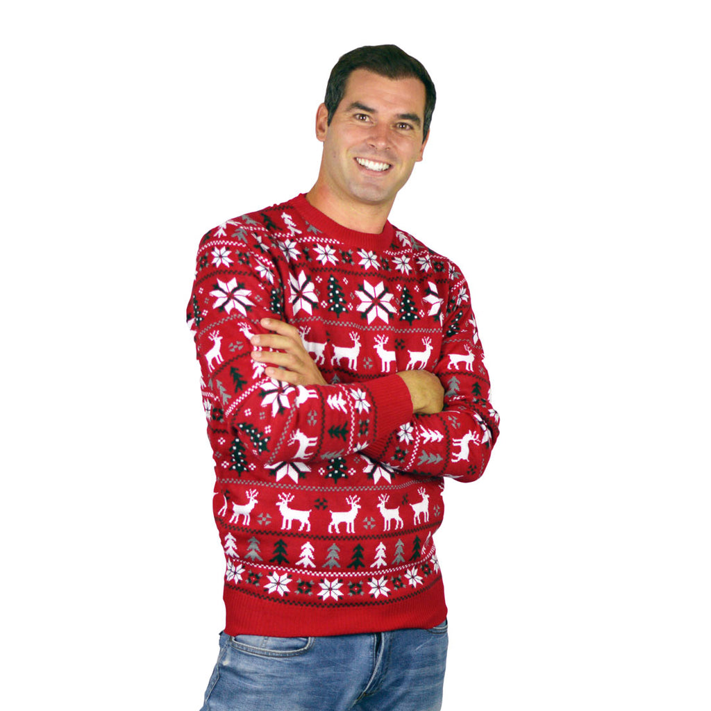 Red Christmas Jumper Mens with Reindeers, Trees and Polar Star