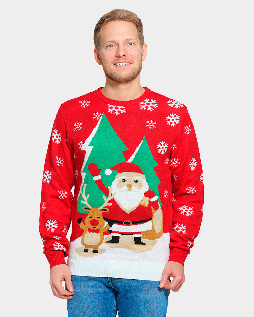 Red Christmas Jumper with Santa and Reindeer Greeting Mens