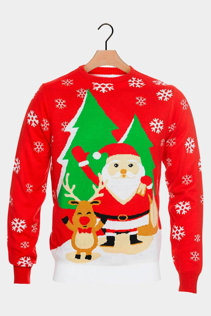 Red Christmas Jumper with Santa and Reindeer Greeting