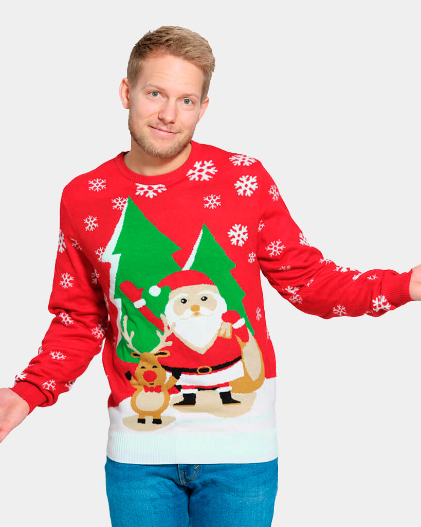 Mens Red Christmas Jumper with Santa and Reindeer Greeting