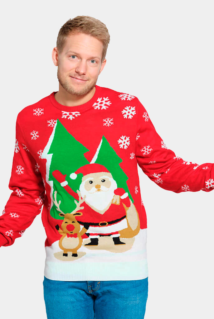 Mens Red Christmas Jumper with Santa and Reindeer Greeting