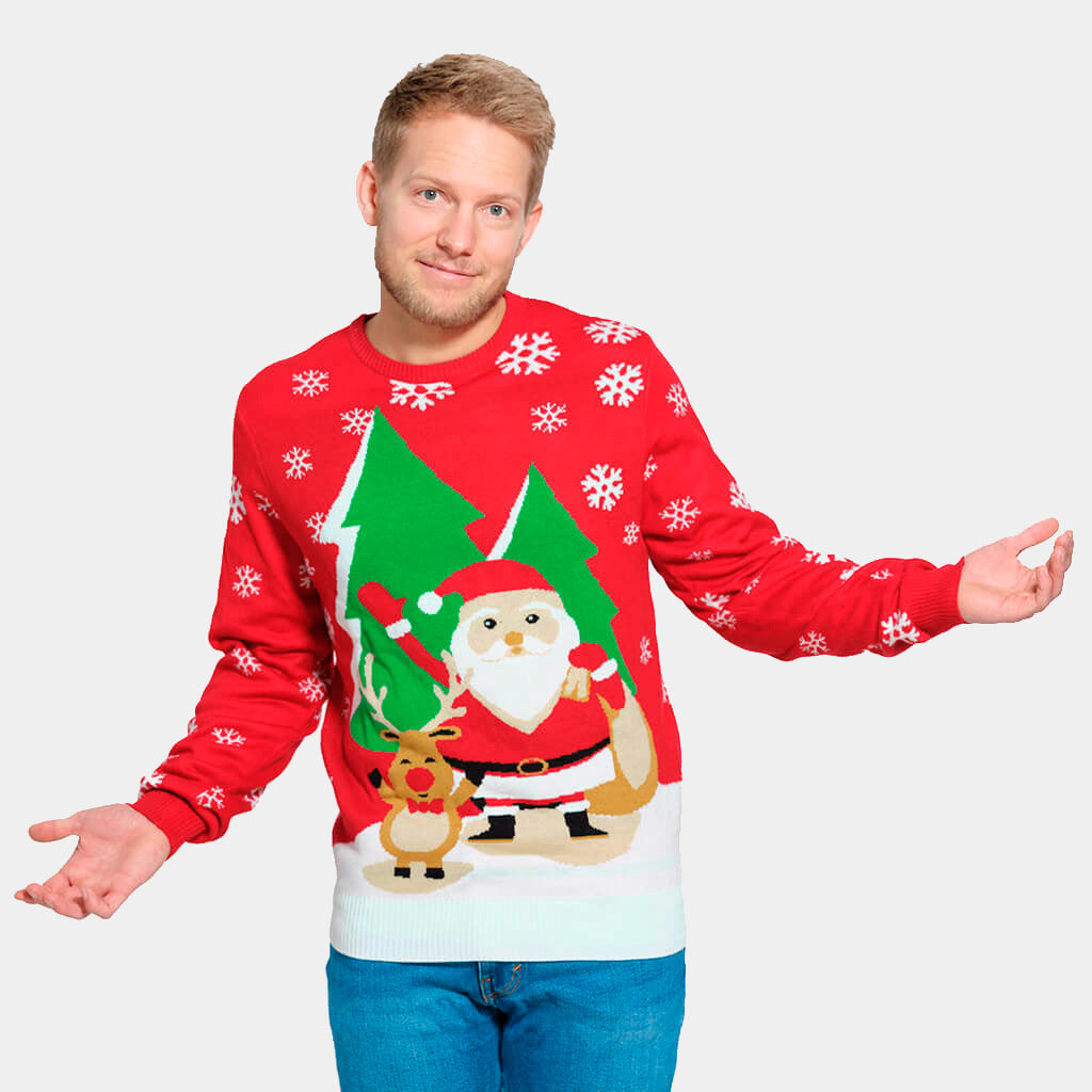 Mens Red Christmas Jumper with Santa and Reindeer Greeting