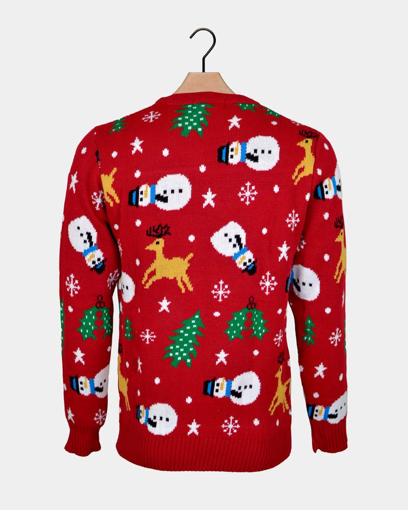 Red Christmas Jumper with Santa, Trees and Snowmens Back
