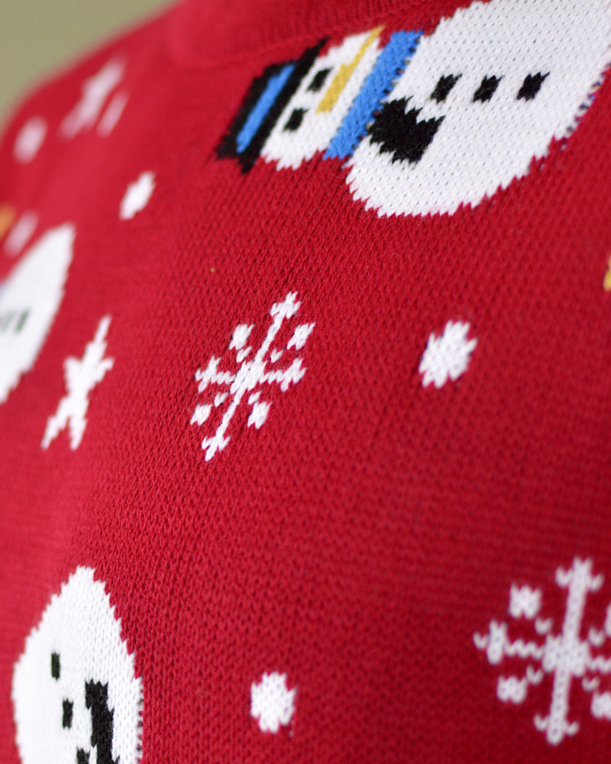 Red Christmas Jumper with Santa, Trees and Snowmens Detail