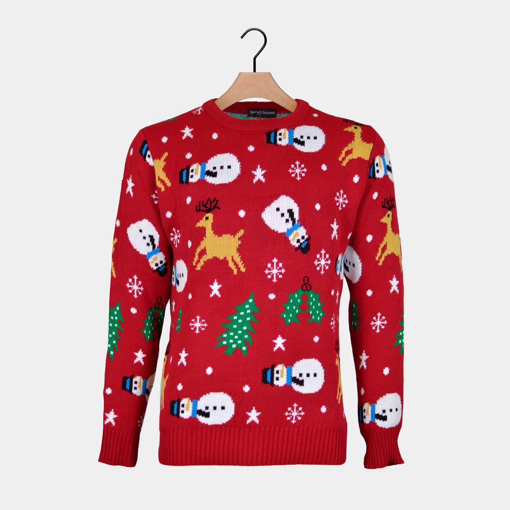 Red Christmas Jumper with Santa, Trees and Snowmens – Christmas Jumper Shop