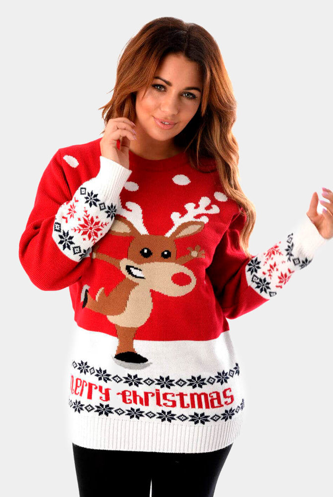 Womens Red Christmas Jumper with Skating Reindeer
