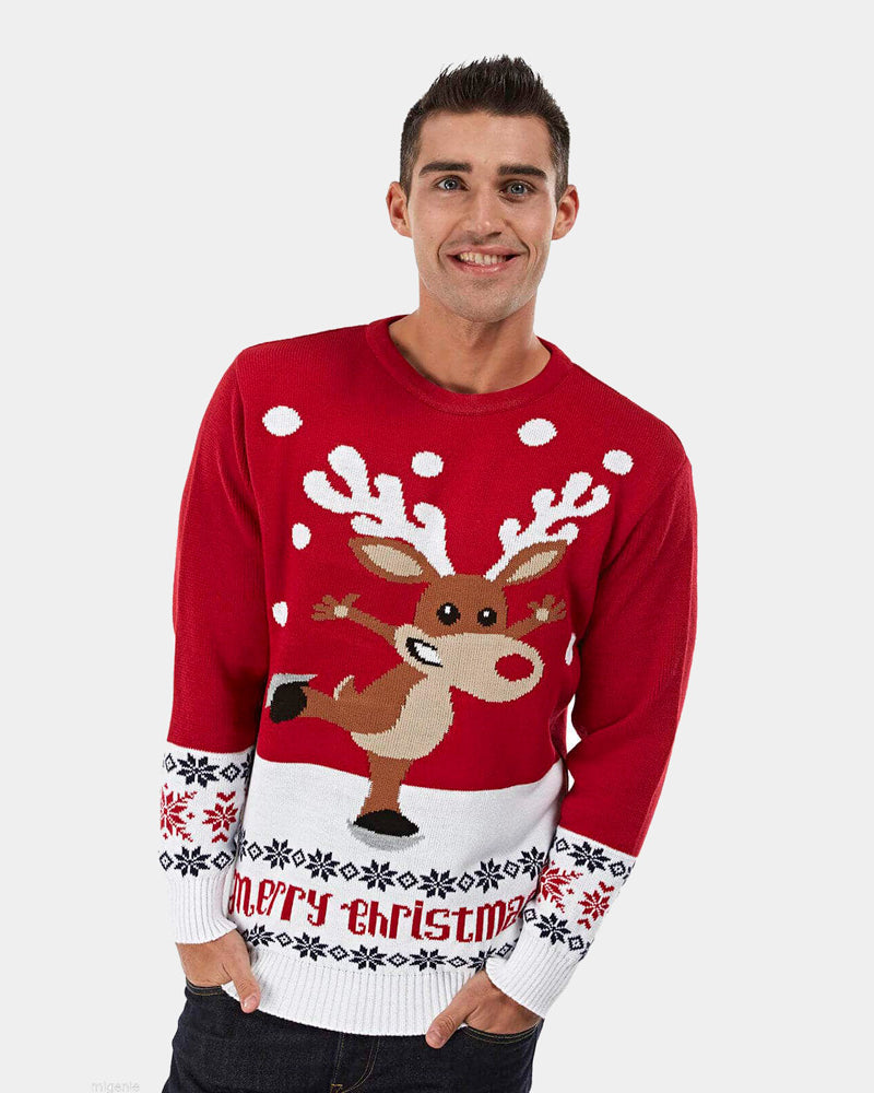 Red Christmas Jumper with Skating Reindeer Mens