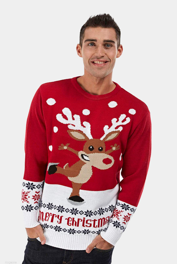 Red Christmas Jumper with Skating Reindeer Mens
