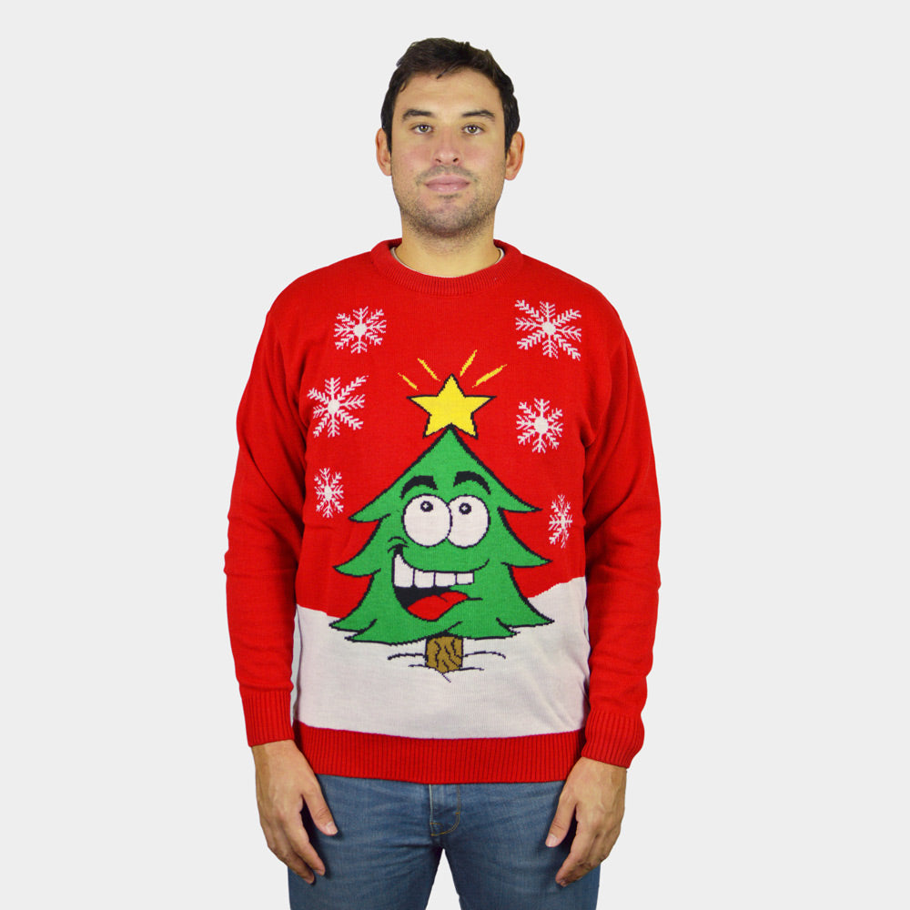 Red Christmas Jumper with Smiling Christmas Tree Mens