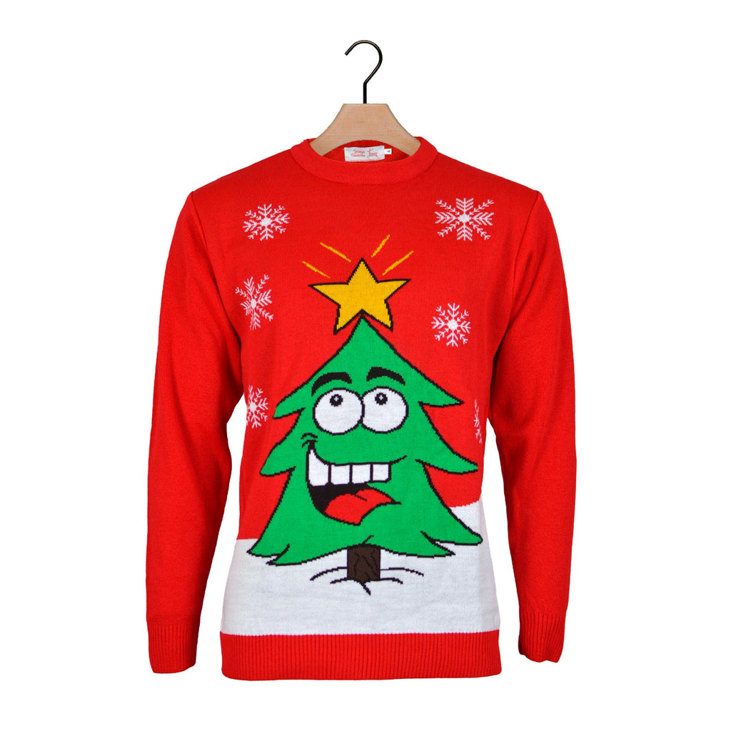 Red Christmas Jumper with Smiling Christmas Tree