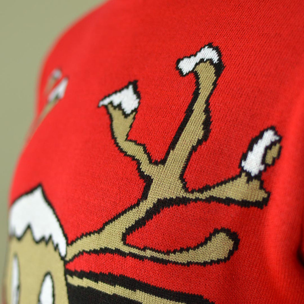 Red Christmas Jumper with Smiling Reindeer Detail snow