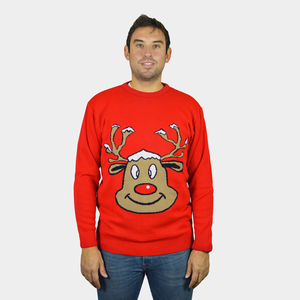 Red Christmas Jumper with Smiling Reindeer Mens