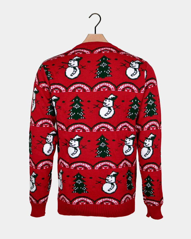Red Christmas Jumper with Trees and Snowmens Back