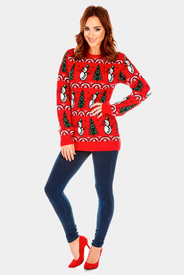 Red Christmas Jumper with Trees and Snowmens Womens