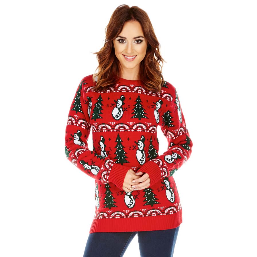 Womens Red Christmas Jumper with Trees and Snowmens
