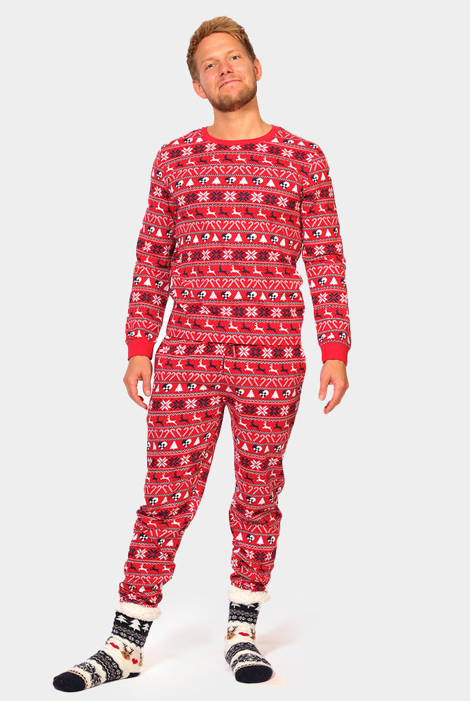 Red Christmas Pyjama for Family with Reindeer and Trees Mens