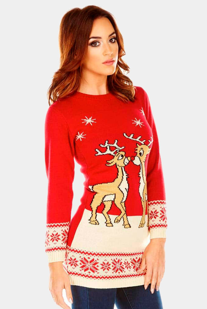 Red Womens Christmas Dress with Baby Reindeers