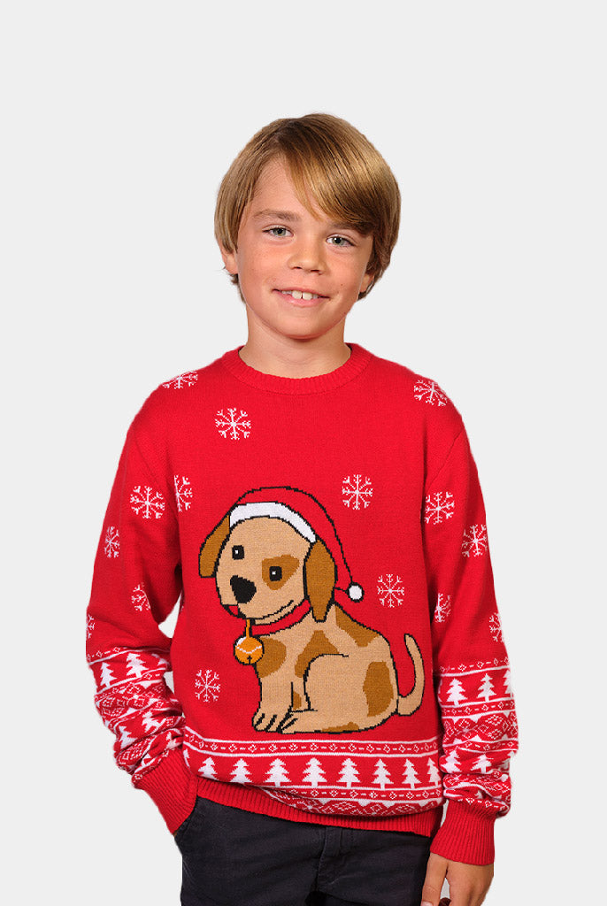 Boys Red Family Christmas Jumper with Puppy