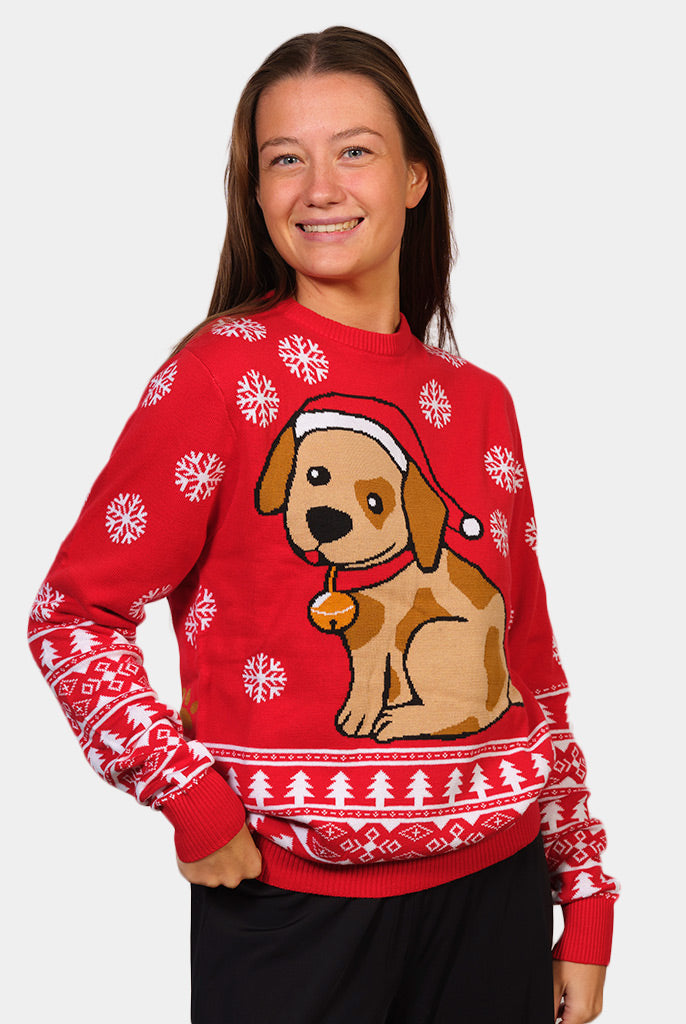 Womens Red Family Christmas Jumper with Puppy