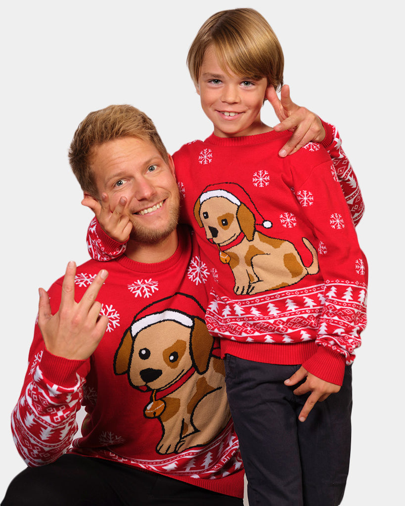 Red Family Christmas Jumper with Puppy