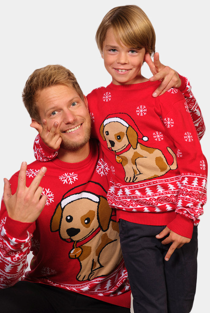 Red Family Christmas Jumper with Puppy