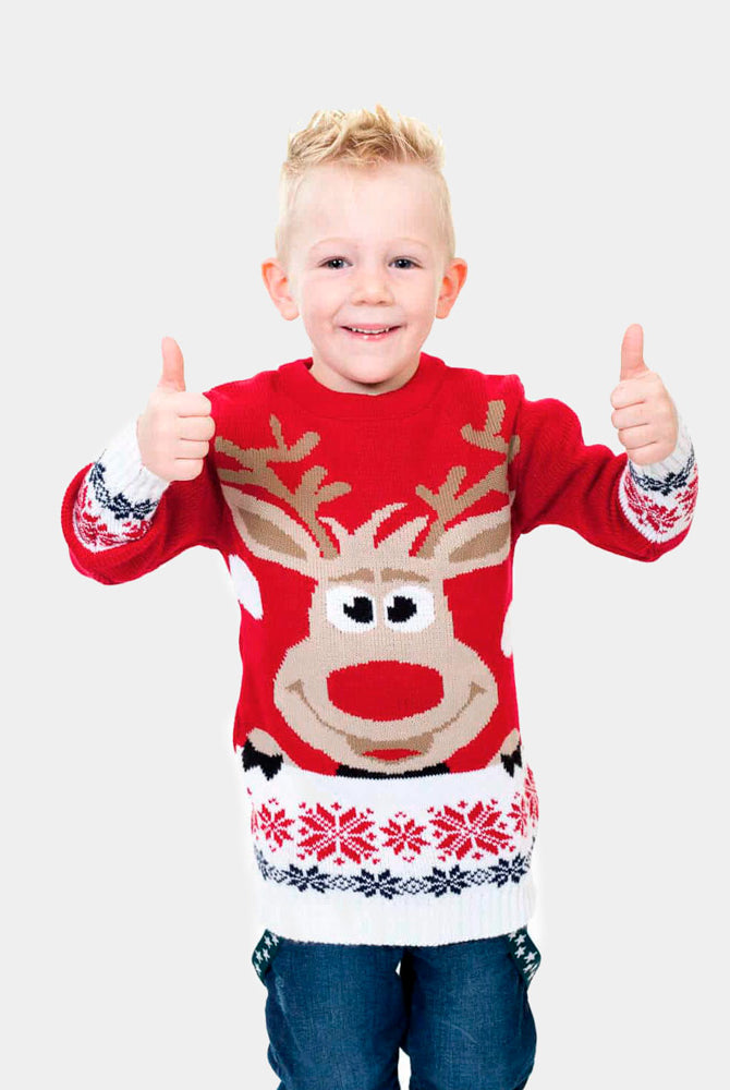 Boys Red Family Christmas Jumper with Reindeer and Snow