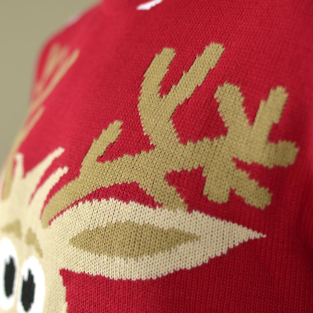 Red Family Christmas Jumper with Reindeer and Snow Detail