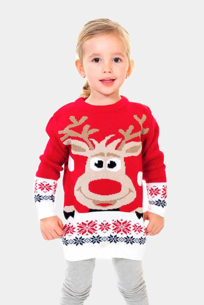 Girls Red Family Christmas Jumper with Reindeer and Snow