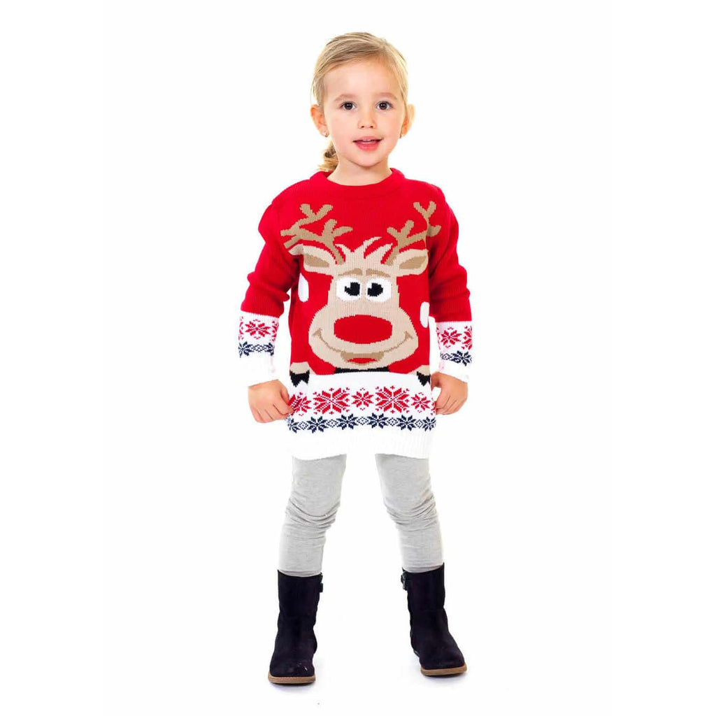 Girls Red Family Christmas Jumper with Reindeer and Snow