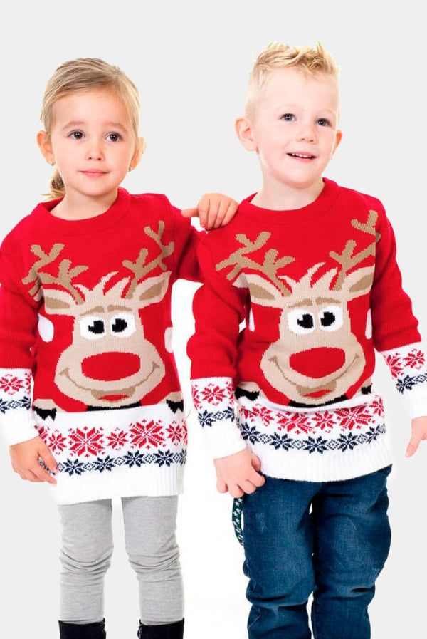 Kids Red Family Christmas Jumper with Reindeer and Snow