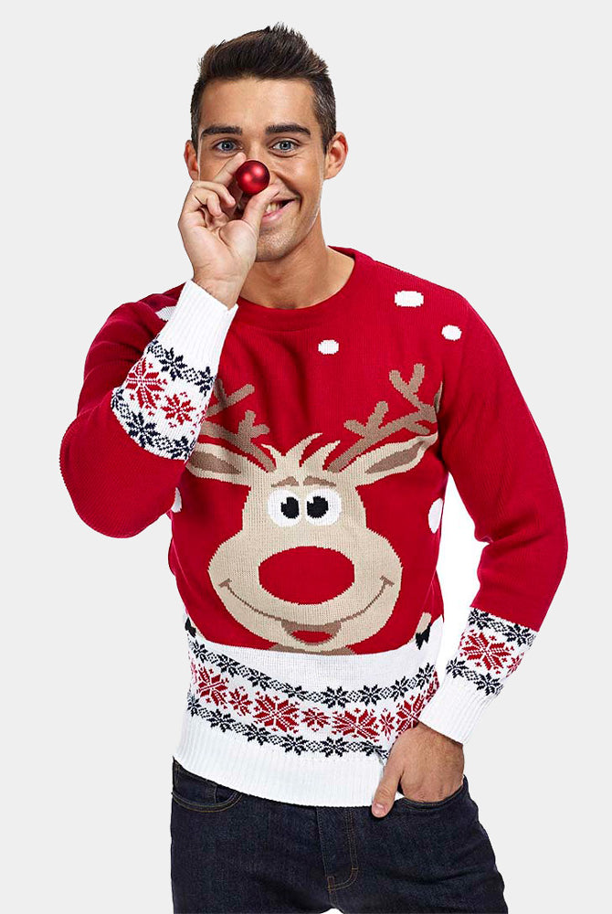 Mens Red Family Christmas Jumper with Reindeer and Snow