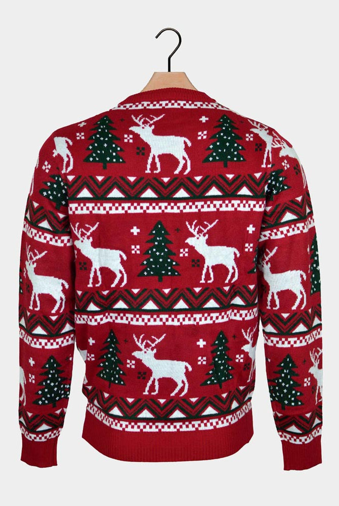Red Family Christmas Jumper with Reindeers and Christmas Trees Back