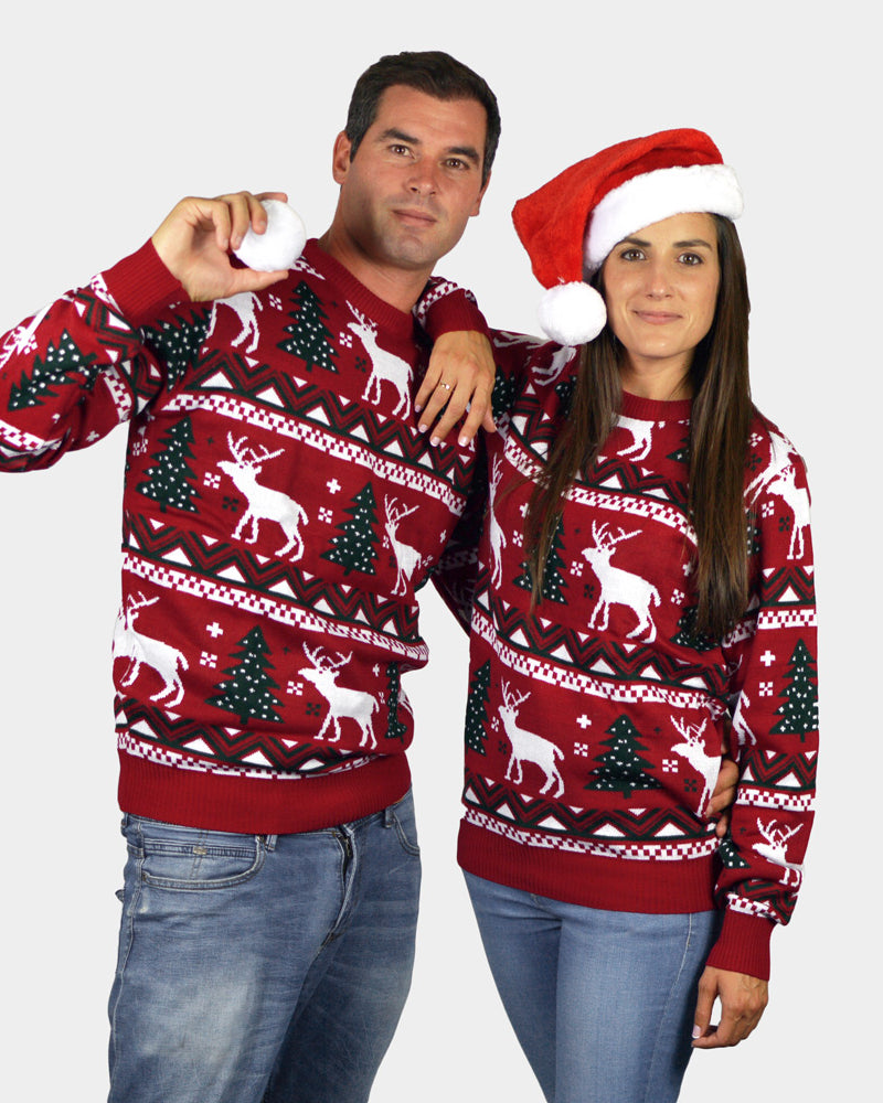 Red Family Christmas Jumper with Reindeers and Christmas Trees couple