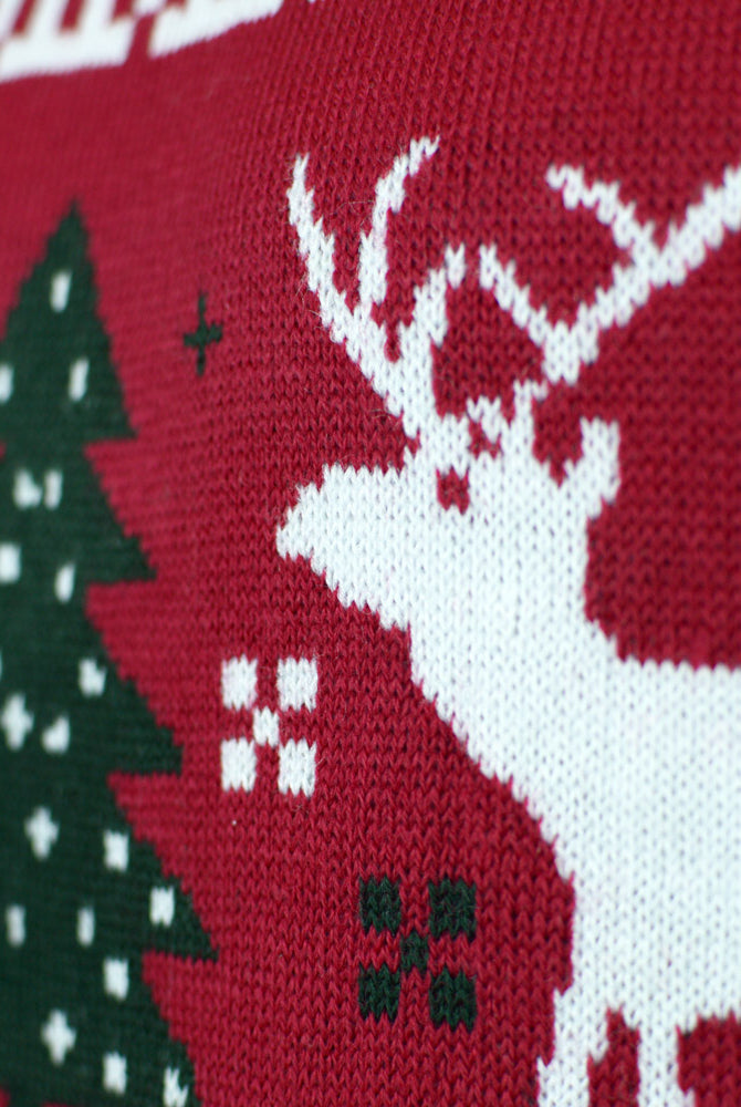 Red Family Christmas Jumper with Reindeers and Christmas Trees Detail