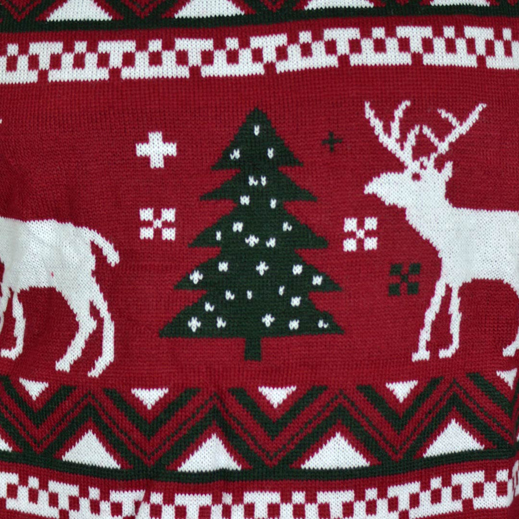 Red Family Christmas Jumper with Reindeers and Christmas Trees Detail
