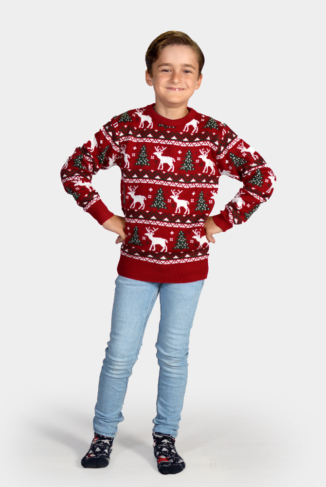 Red Family Christmas Jumper with Reindeers and Christmas Trees Kids