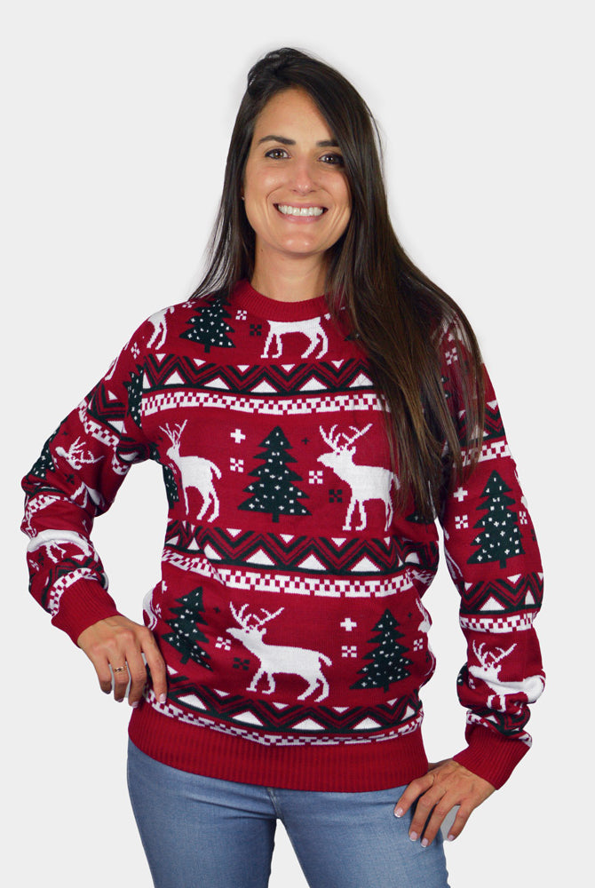Red Family Christmas Jumper with Reindeers and Christmas Trees Womens
