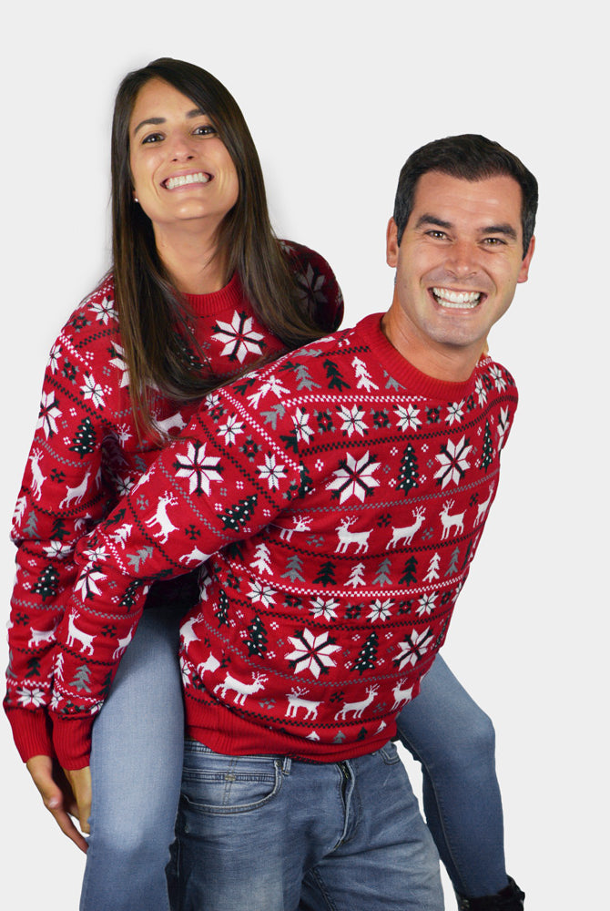 Red Family Christmas Jumper with Reindeers, Trees and Polar Star couple