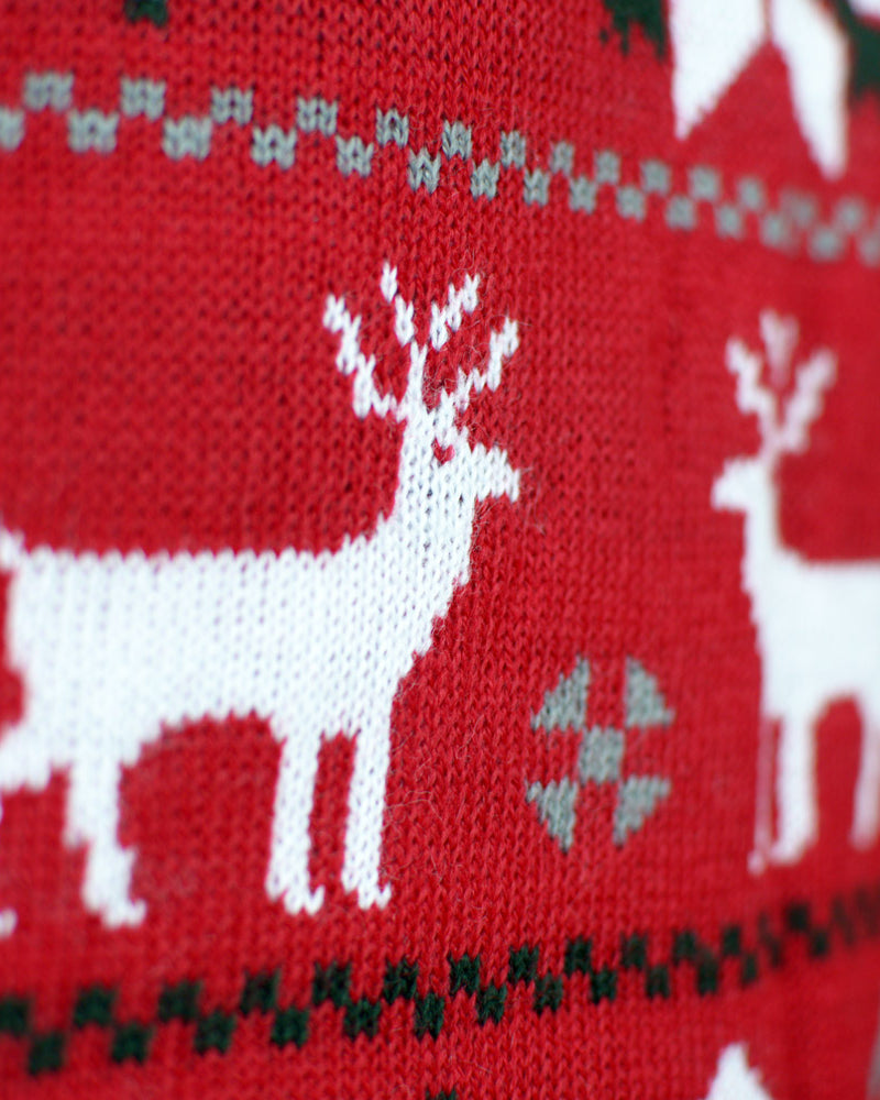 Red Family Christmas Jumper with Reindeers, Trees and Polar Star Detail Snow