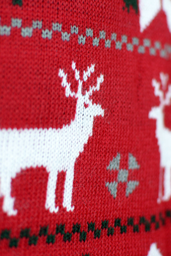 Red Family Christmas Jumper with Reindeers, Trees and Polar Star Detail Snow